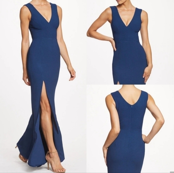 New Dress the Population Sandra V-Neck Crepe Long Formal Pacific Blue Gown Sz 2X - Picture 5 of 13